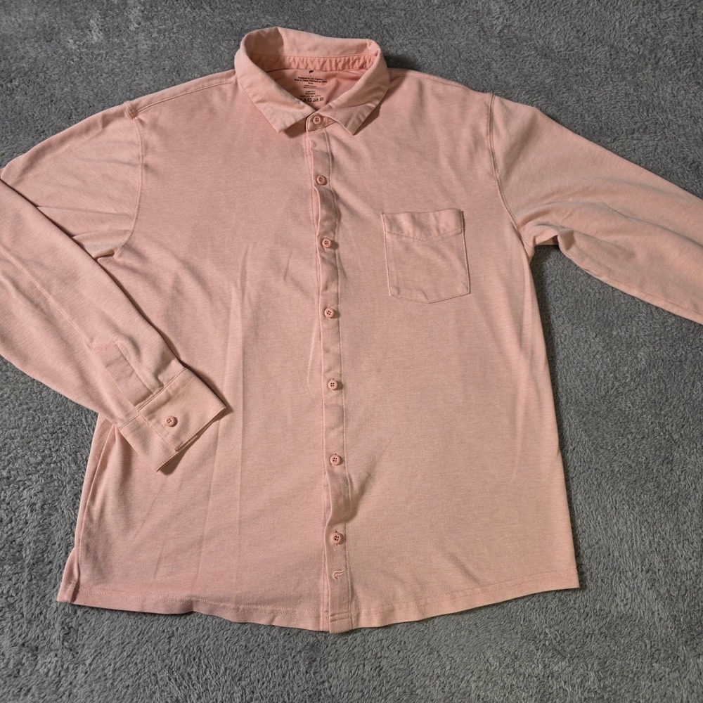 Fabletics‎ Mens Large Button Down Shirt Peach Pink Long Sleeve Piqué Knit Pocket